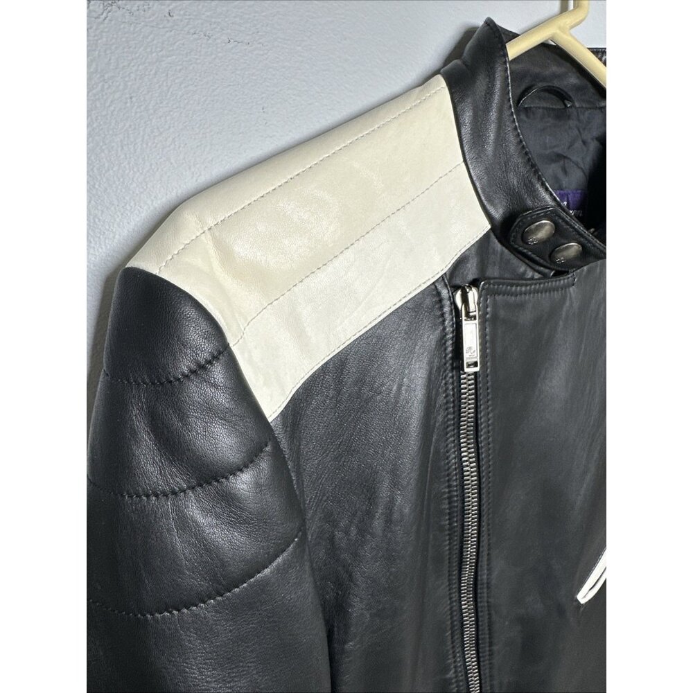 Ralph Lauren Purple Label Mens Leather Jacket Biker White‎ Black Zip Lambskin - Picture 5 of 16